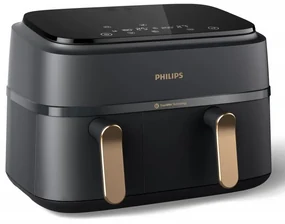 Friteuza cu aer cald dubla Philips NA352/00, 2750 W, 6+3 L, 80-200°C, 1,5 kg, 8 programe, Ecran tactil, Copiere si sincronizare, Negru