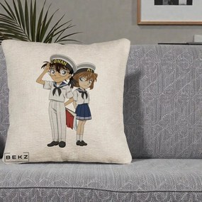 Perna Personalizata Detective Conan Conan si Ai Sailor, 40x40 cm, Bej Canapea, Husa Detasabila, Perna Inclusa, BEKZ®