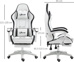 Vinsetto Scaun Gaming Reglabil pe Înălțime, Rabatabil și cu Suport pentru Picioare, Alb | Aosom Romania