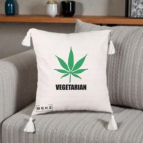 Perna Decorativa Vegetarian cu Frunza, 40x40 cm, Bej cu Franjuri, Husa Detasabila, Perna Inclusa, BEKZ®