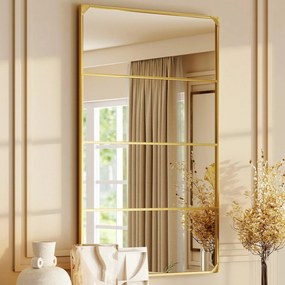 HOMCOM Oglindă de perete tip verrière, dreptunghiulară, stil industrial, montaj orizontal sau vertical cu 4 cârlige, din metal auriu 109 x 69 cm | Aosom Romania