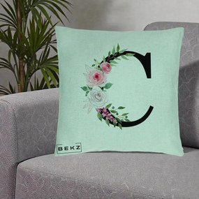 Cadou Personalizat - Perna Personalizata Monograma Florala Litera C, 40x40 cm, Verde Menta, Husa Detasabila, Perna Inclusa, BEKZ®