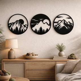 Set 3 modele decorative cu munți, brazi și soare în compoziții circulare