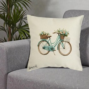 Perna Decorativa Bicicleta Teal cu Cosuri Duble de Flori Vintage, 40x40 cm, Ecru, Husa Detasabila, Perna Inclusa, BEKZ®