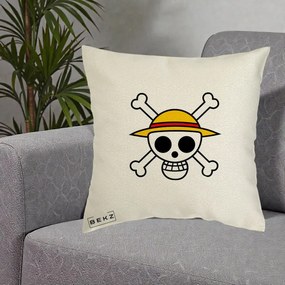 Perna Personalizata One Piece Jolly Roger Straw Hat Pirates, 40x40 cm, Ecru, Husa Detasabila, Perna Inclusa, BEKZ®