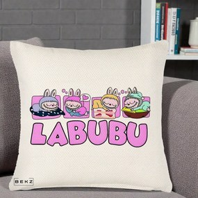 Perna Personalizata Labubu Sleeping Quad, 40x40 cm, Crem Reliefat, Husa Detasabila, Perna Inclusa, BEKZ®