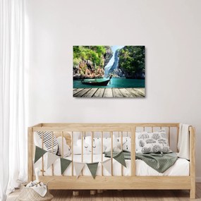 Tablou pe sticlă - Apă peisaj mediteranean cu barca (70x50 cm)