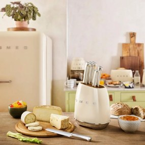 Set de cutite cu suport SMEG KBSF02CR, 7 piese, Manere din lemn de salcam, Otel inoxidabil german, Crem