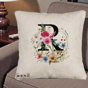 Cadou Personalizat - Perna Personalizata Monogram Litera R cu Flori Acuarela, 40x40 cm, Bej Canapea, Husa Detasabila, Perna Inclusa, BEKZ®