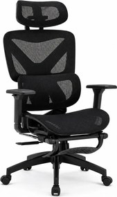 Scaun ergonomic, functie translatie sezut, cotiere 3D, tetiera 3D, suport lombar Adaptive, pivotant, suport picioare, Negru