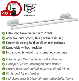 Suport pentru prosoape alb autoadeziv din oțel inoxidabil Orea Duo – Wenko