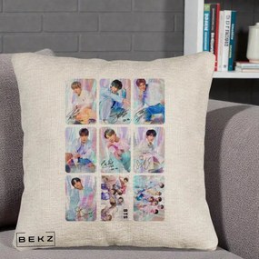Perna Personalizata K-pop BTS Colaj 9 Fotografii Autografe Individual, 40x40 cm, Bej Canapea, Husa Detasabila, Perna Inclusa, BEKZ®