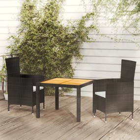 Set mobilier de exterior cu perne, 3 piese, negru, poliratan negru si maro, Lungime masa 90 cm, 3