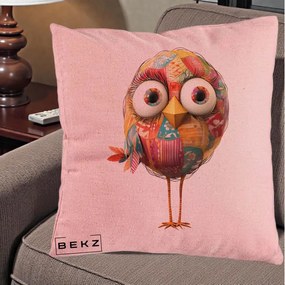 Perna Decorativa Pasare Patchwork cu Gene Lungi, 40x40 cm, Roz, Husa Detasabila, Perna Inclusa, BEKZ®