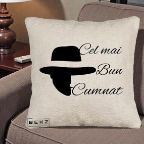 Cadou pentru Cumnat - Perna Personalizata Cel mai Bun Cumnat cu Silueta Palarie, 40x40 cm, Bej Canapea, Husa Detasabila, Perna Inclusa, BEKZ®