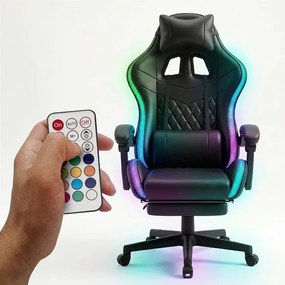RESIGILAT- Scaun gaming, sistem iluminare bandă LED RGB, masaj în perna lombară, suport picioare, Negru