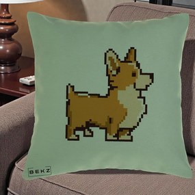 Perna Personalizata Corgi Pixel Art, 40x40 cm, Verde, Husa Detasabila, Perna Inclusa, BEKZ®