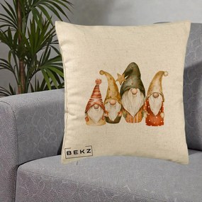 Perna Decorativa Gnomi de Craciun Patru, 40x40 cm, Bej, Husa Detasabila, Perna Inclusa, BEKZ®