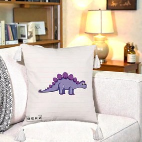 Perna Personalizata Stegozaur Mov, 40x40 cm, Bej cu Franjuri, Husa Detasabila, Perna Inclusa, BEKZ®