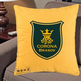 Perna Personalizata Corona Brasov Fotbal, 40x40 cm, Galben, Husa Detasabila, Perna Inclusa, BEKZ®