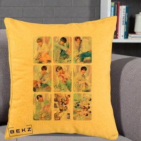 Perna Personalizata K-pop BTS Colaj 9 Fotografii Autografe Individual, 40x40 cm, Galben, Husa Detasabila, Perna Inclusa, BEKZ®