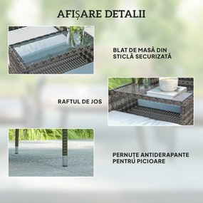 Outsunny Bancă de Grădină cu 2 Locuri din Rattan și Oțel, Bancă de Exterior cu Perne și Măsuță Centrală cu Blat din Sticlă Securizată, 135x64x81 cm, Gri Închis | Aosom Romania