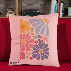 Perna Decorativa Flori Grafice Pastel Multicolor, 40x40 cm, Roz, Husa Detasabila, Perna Inclusa, BEKZ®