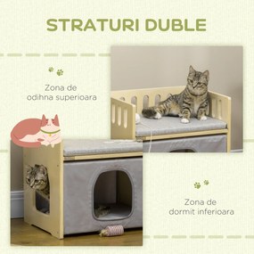 PawHut Casa pentru pisici cu 2 niveluri, cu perne detasabile si sine de siguranta, 48x38x47 cm, lemn, alb si gri | Aosom RO