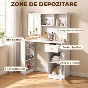 HOMCOM Masă de Toaletă cu Oglindă Glisantă, Lumini LED și Sertar, Alb | Aosom Romania