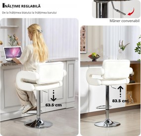 HOMCOM Scaun inalt de bar cu Spatar si Brate, Reglabil, Rotativ din Piele sintetica Alba, pentru Bucatarie sau Pub, 64x50x94-114cm | Aosom Romania