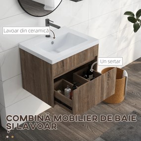 Kleankin Dulap cu Chiuvetă Suspendat cu Montare pe Perete, Sertar și Sistem de Închidere cu Amortizare, 60x45,5x45 cm, Maro | Aosom Romania