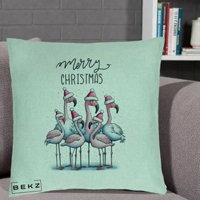 Perna Decorativa Flamingo Merry Christmas, 40x40 cm, Verde Menta, Husa Detasabila, Perna Inclusa, BEKZ®