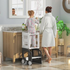 AIYAPLAY Scara Montessori 4 în 1 pentru Copii cu 2 Table și Set Masă și Scaun, din Lemn, 58x46x92 cm, Alb | Aosom Romania