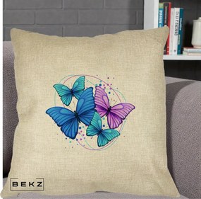Perna Decorativa Patru Fluturi Turcoaz-Violet, 40x40 cm, Crem, Husa Detasabila, Perna Inclusa, BEKZ®
