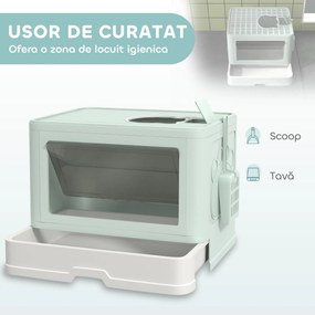 PawHut Litieră de nisip pentru pisici cu Capac, Intrare Dublă, Sertar, Lopățică, Verde | Aosom Romania