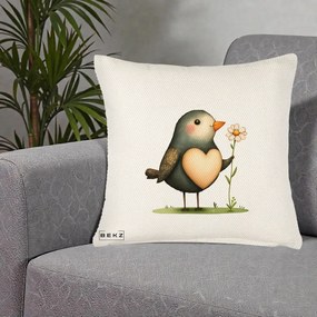 Perna Decorativa Pasare cu Inima si Margareta, 40x40 cm, Crem Reliefat, Husa Detasabila, Perna Inclusa, BEKZ®