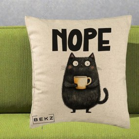 Perna Decorativa NOPE Pisica Neagra Cafea, 40x40 cm, Bej, Husa Detasabila, Perna Inclusa, BEKZ®