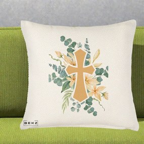 Perna Personalizata Cruce Florala Botez, 40x40 cm, Crem Reliefat, Husa Detasabila, Perna Inclusa, BEKZ®