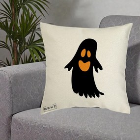 Perna Decorativa Halloween Fantoma Neagra cu Ochi Portocalii, 40x40 cm, Ecru, Husa Detasabila, Perna Inclusa, BEKZ®