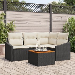 vidaXL Set de canapea pentru grădină, 5 piese, , cu perne din rattan poli, negru, acacia.