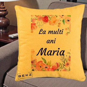 Cadou de Onomastica - Perna Personalizata La Multi Ani Maria Flori Acuarela, 40x40 cm, Galben, Husa Detasabila, Perna Inclusa, BEKZ®