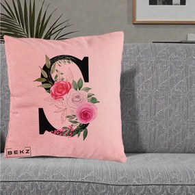 Cadou Personalizat - Perna Personalizata Monograma Florala Litera S, 40x40 cm, Roz, Husa Detasabila, Perna Inclusa, BEKZ®