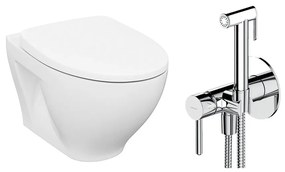 Pachet vas wc suspendat Cersanit Moduo, capac softclose si set dus igiena intima crom cu baterie incastrata Omnires Y