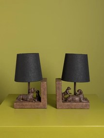 Set 2 lămpi de masă din bumbac negru, cu structură din rășină maro în formă de câine, finisaj patinat, 28×31×13 cm, „Compagnon"
