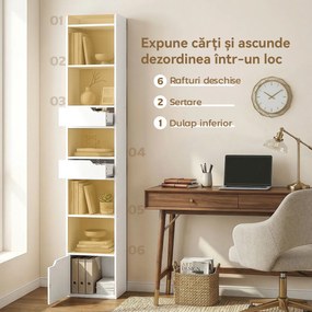 HOMCOM Bibliotecă verticală cu 6 rafturi, 2 sertare și dulap, alb efect lemn | Aosom Romania