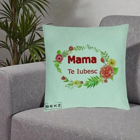 Cadou pentru Mama - Perna Personalizata Mama Te Iubesc Flori Rosii, 40x40 cm, Verde Menta, Husa Detasabila, Perna Inclusa, BEKZ®