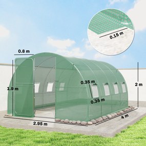 Outsunny Seră tunel pentru grădină 12 m², seră tunel 295x400x200 cm ușă și 8 ferestre, husă PE 140 g/m² verde | Aosom Romania