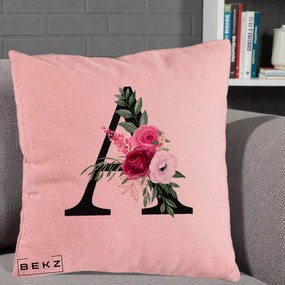Cadou Personalizat - Perna Personalizata Monograma Florala Litera A, 40x40 cm, Roz, Husa Detasabila, Perna Inclusa, BEKZ®