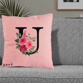 Cadou Personalizat - Perna Personalizata Monograma Florala Litera U, 40x40 cm, Roz, Husa Detasabila, Perna Inclusa, BEKZ®