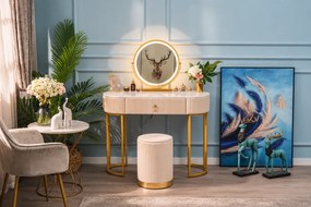 Set BOHEMIA LONG – Masă de Toaletă pentru Machiaj, Oglindă Iluminată LED, Control Touch, Sertar, Taburet, 100x40x75 cm, Bej